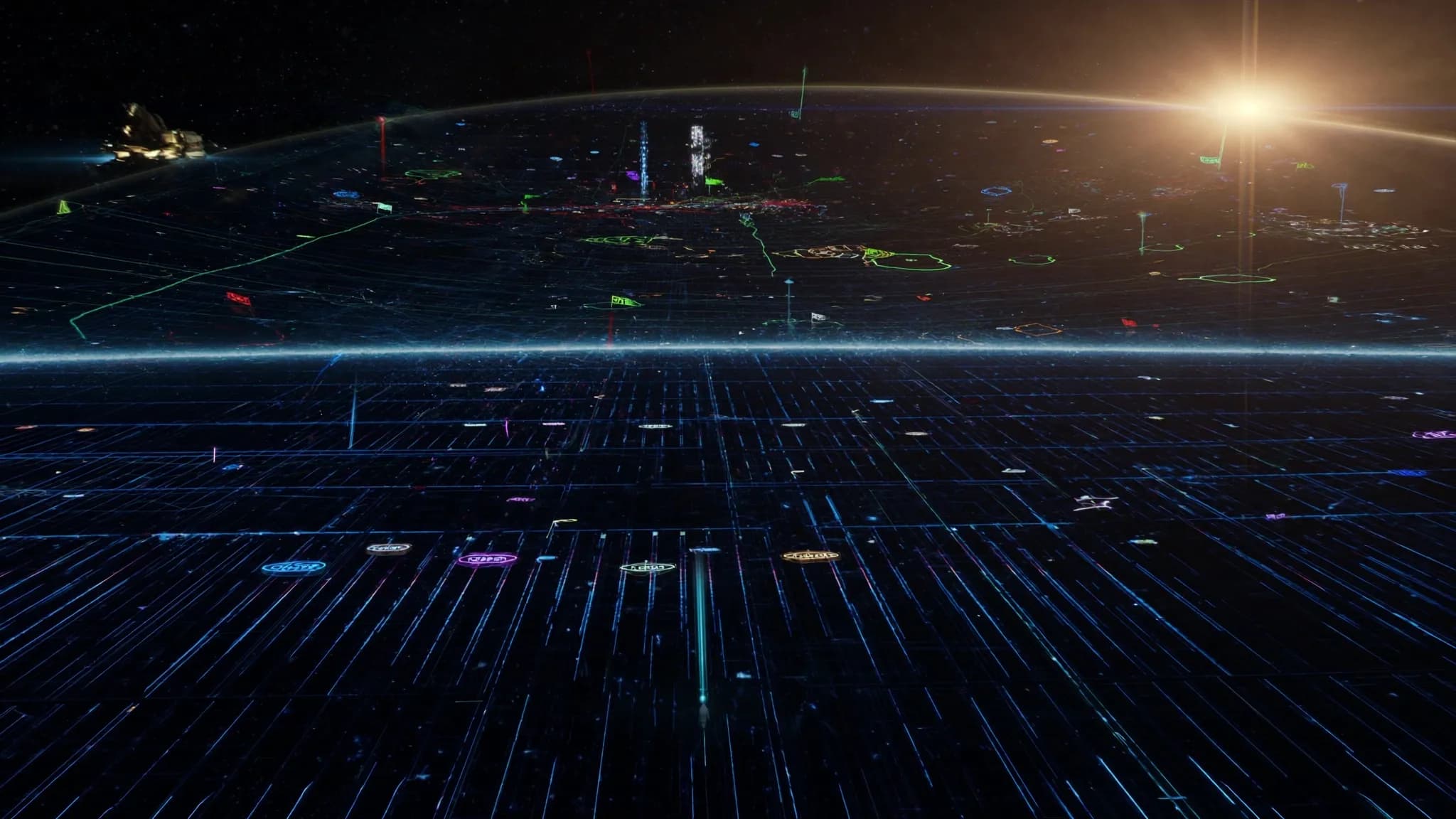 The Burning BotAI parcel grid glowing across deep space