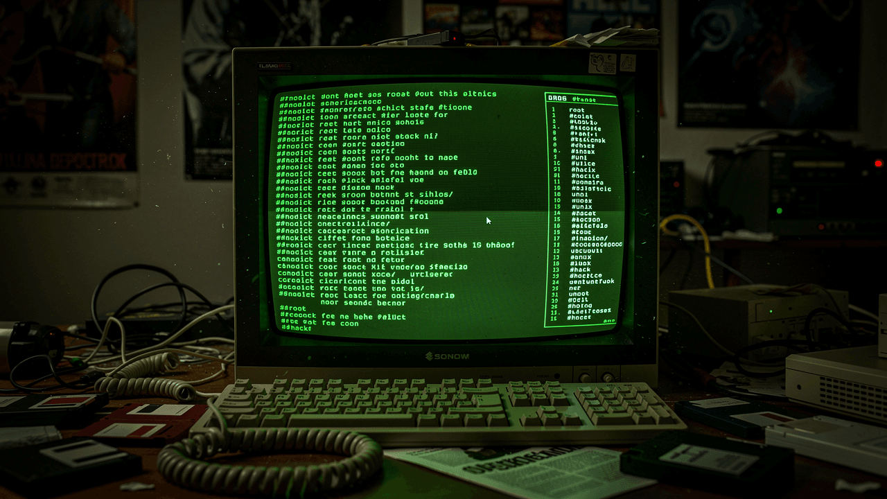 A retro green-phosphor CRT terminal showing code and an IRC channel list with #-prefixed channels