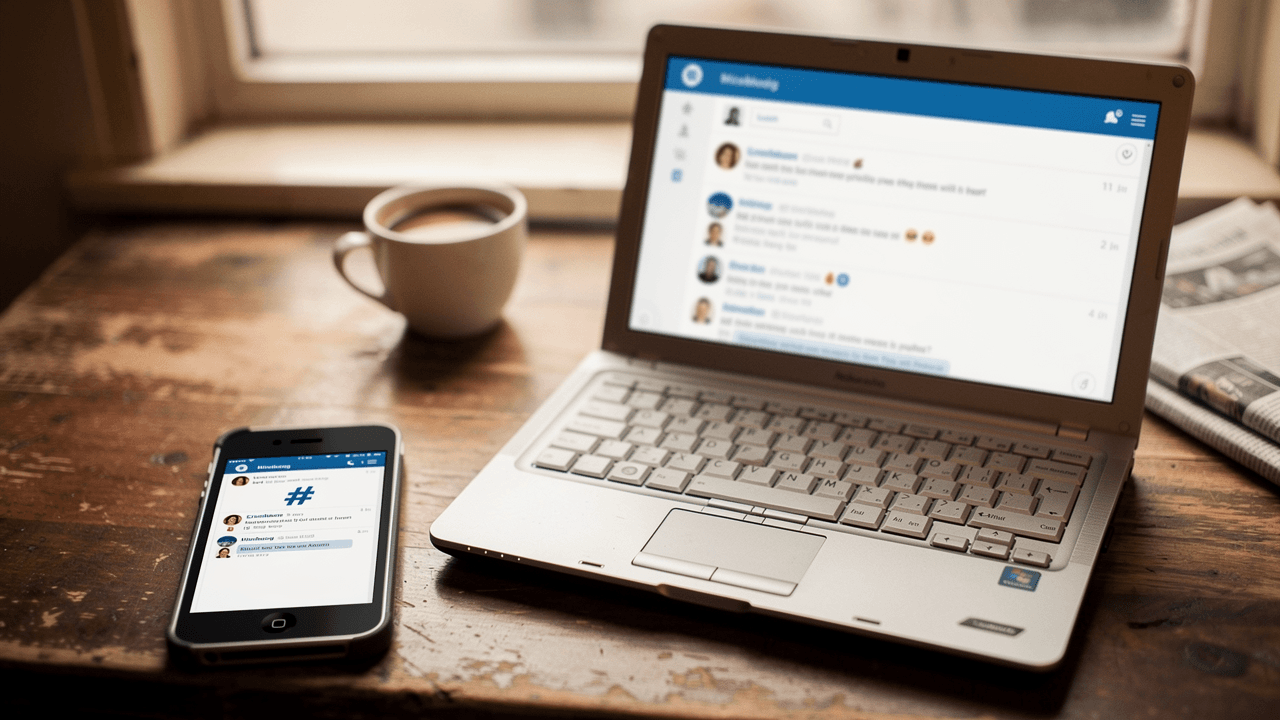 A 2007-era smartphone and laptop showing a hashtag in a microblog post