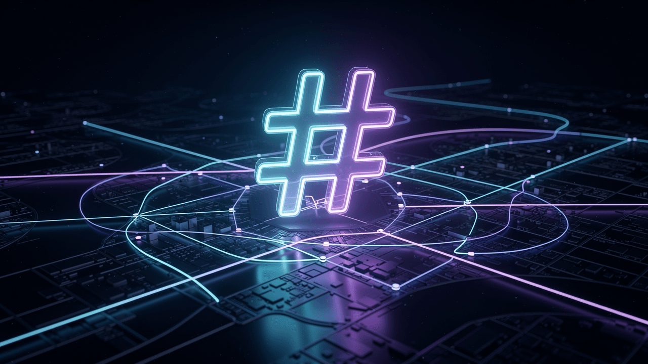 A glowing neon hashtag symbol floating above a dark spatial map of a city, with cyan and violet light trails forming a network.