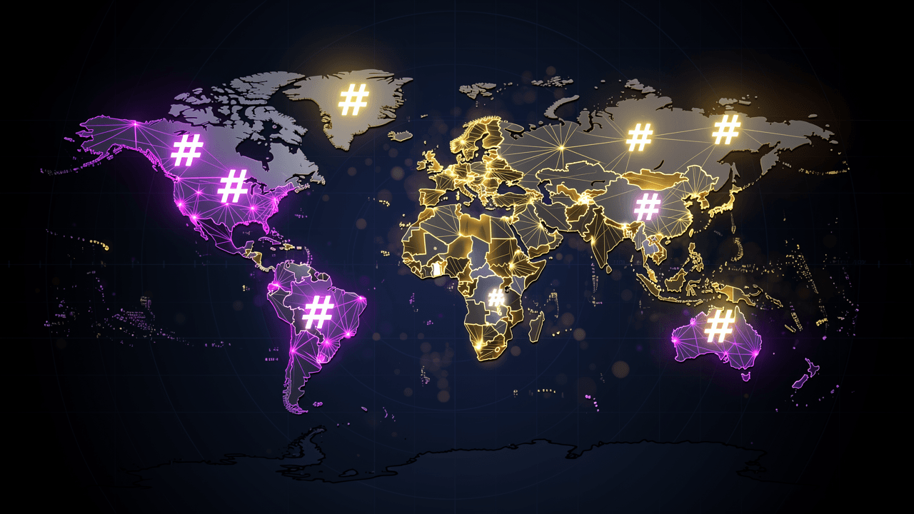 Hashtags shown as bright nodes connected across a dark map of the world by neon network lines.